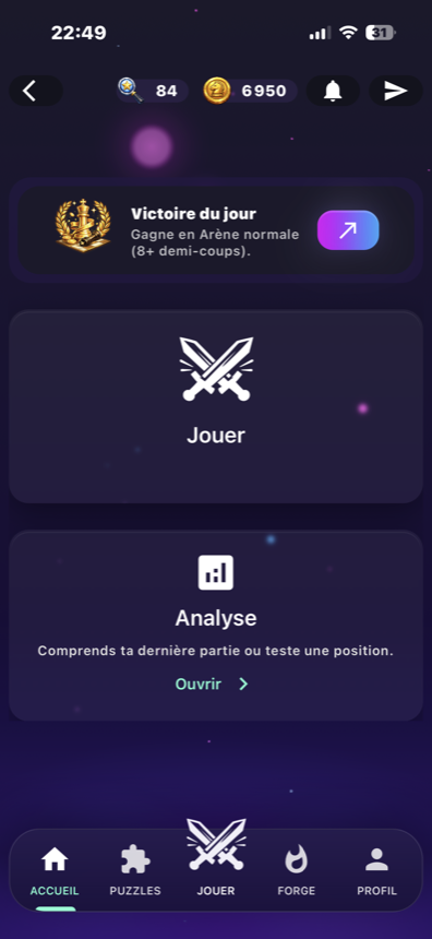 Accueil BlitzForge avec accès aux modes de jeu principaux.