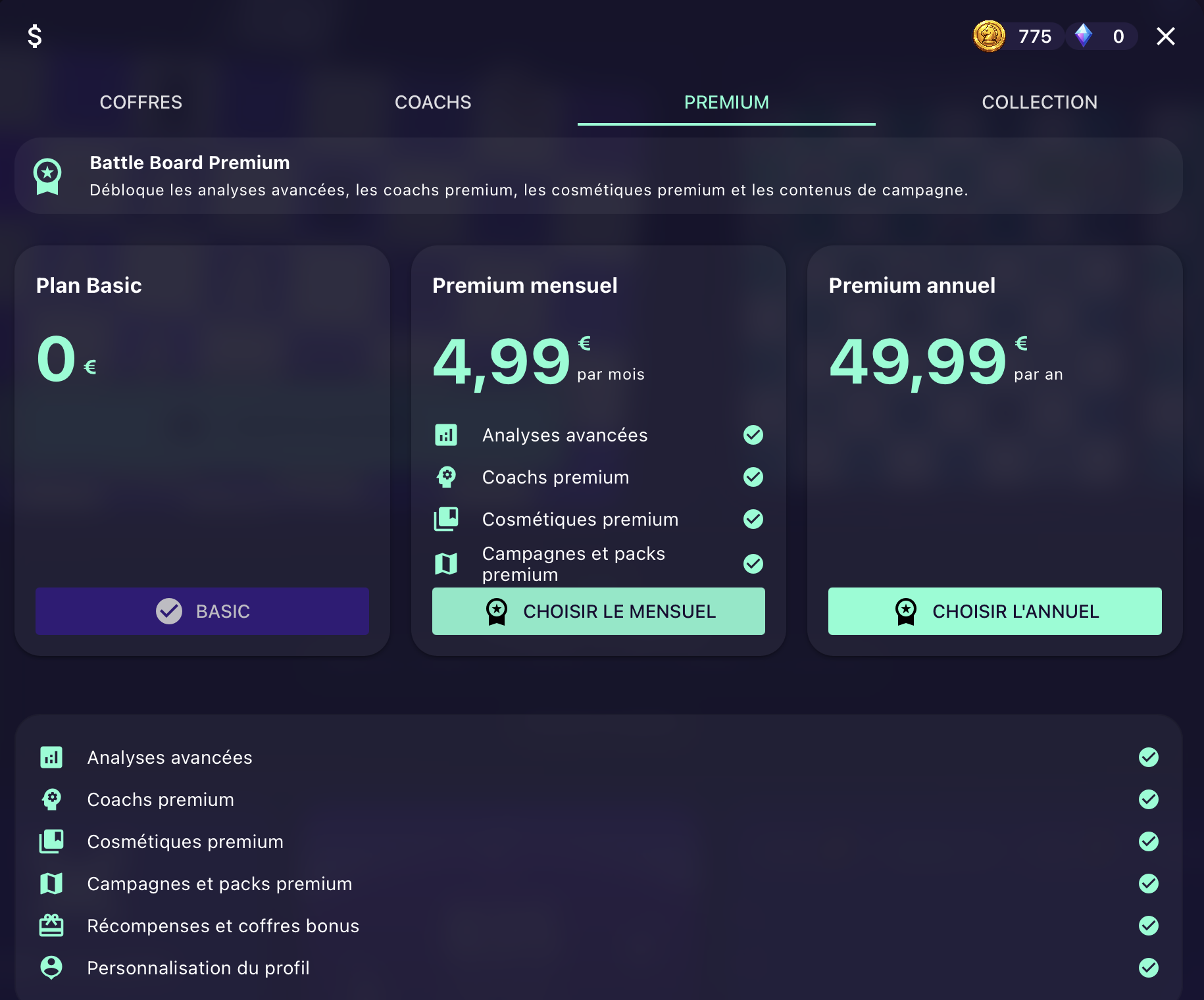 Ecran Premium BlitzForge avec les plans Basic, mensuel et annuel.